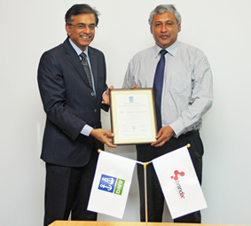 N. R Krishnakumar Director of Operations - India and Middle East (left) of DNV Business Assurance presents the ISO 50001 certificate to Brandix Director AJ Johnpillai