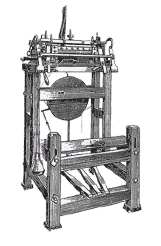 William Lee invented the stocking frame in 1589 - machines like this were used by GH Hurt to manufacture lace shawls until very recently.