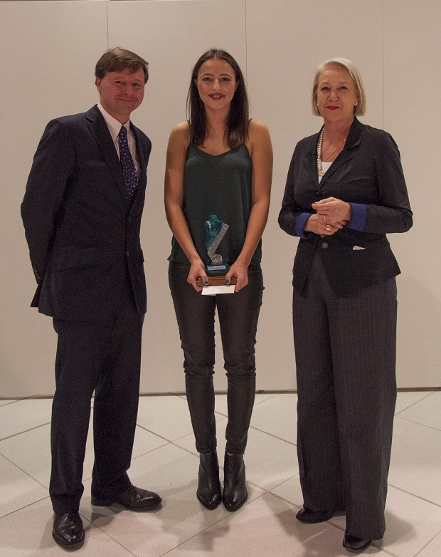 David Nieper Scholarship winner is announced at the annual NTU student fashion.  Left to right:  Christopher Nieper managing director at David Nieper, Mel Uskuri scholarship winner, Ann Priest Pro Vice-Chancellor and Head of College at the College of Art & Design and Built Environment. (Photo credit: Sylwia Ksiadz)