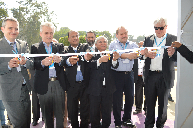 Cutting the ribbon: Right to left Mr. Alexander Wessels, Klaus Huemke, Mujtaba Rahim, Ali Gul, Thomas Winkler, His Excellency Marc George (Deputy head of mission ”“ Switzerland. © Archroma
