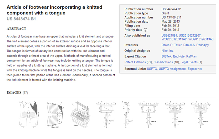 Nike has had a number of patents published and granted for its flat knitted Flyknit technology.