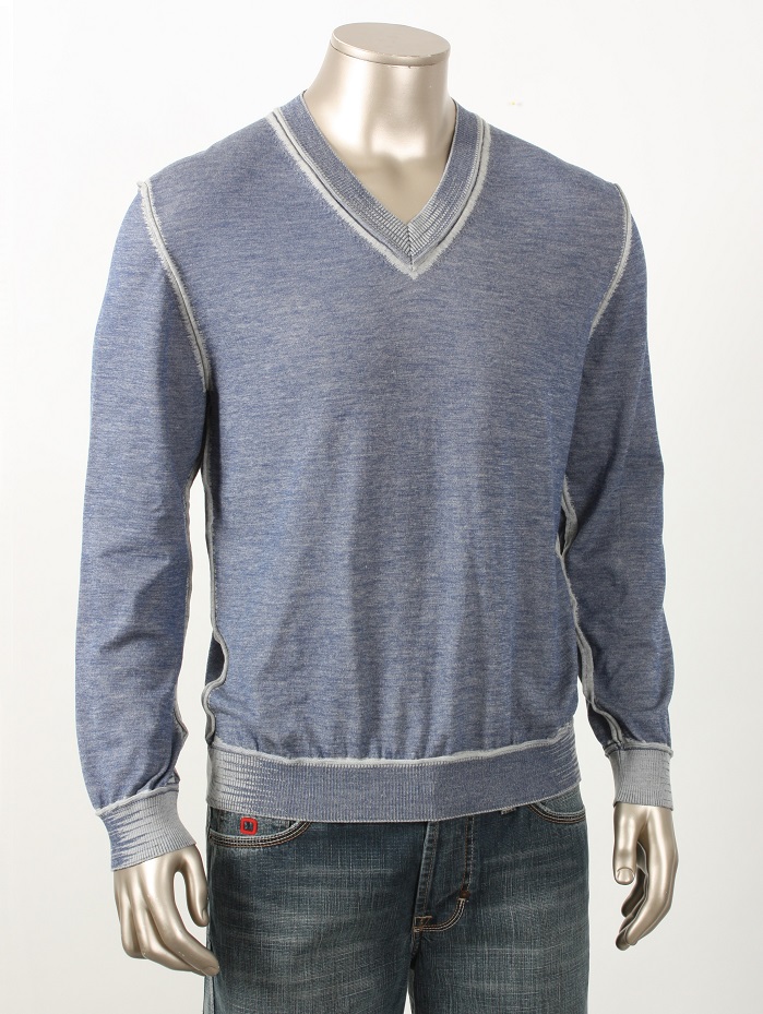 A fully fashion pullover with French shoulder in plated jersey with inverse plated edges and V-neck, and seams with on the rear knitted curled edges. © Stoll