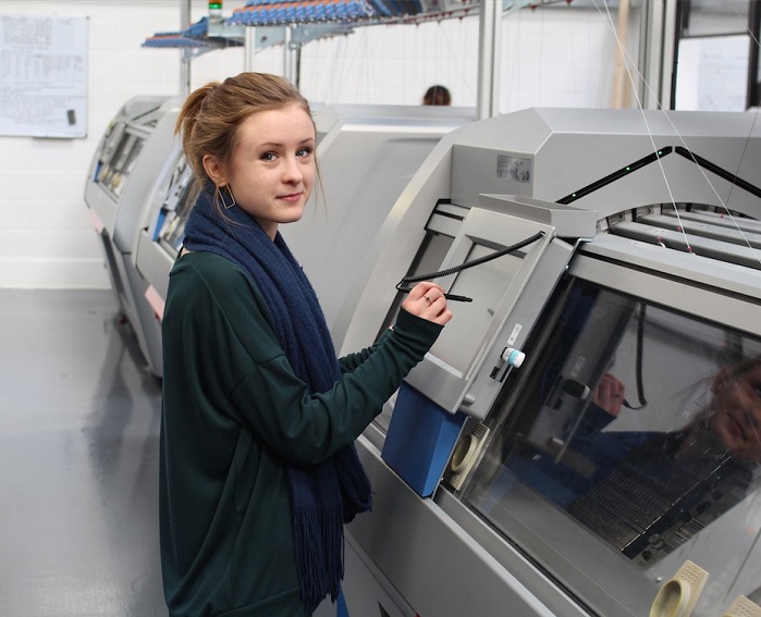 Jess, a recent 21 year old graduate from Middlesex and Brighton Universities supervises the knitting department where the company has made a big investment in advanced Stoll flat knitting machines.