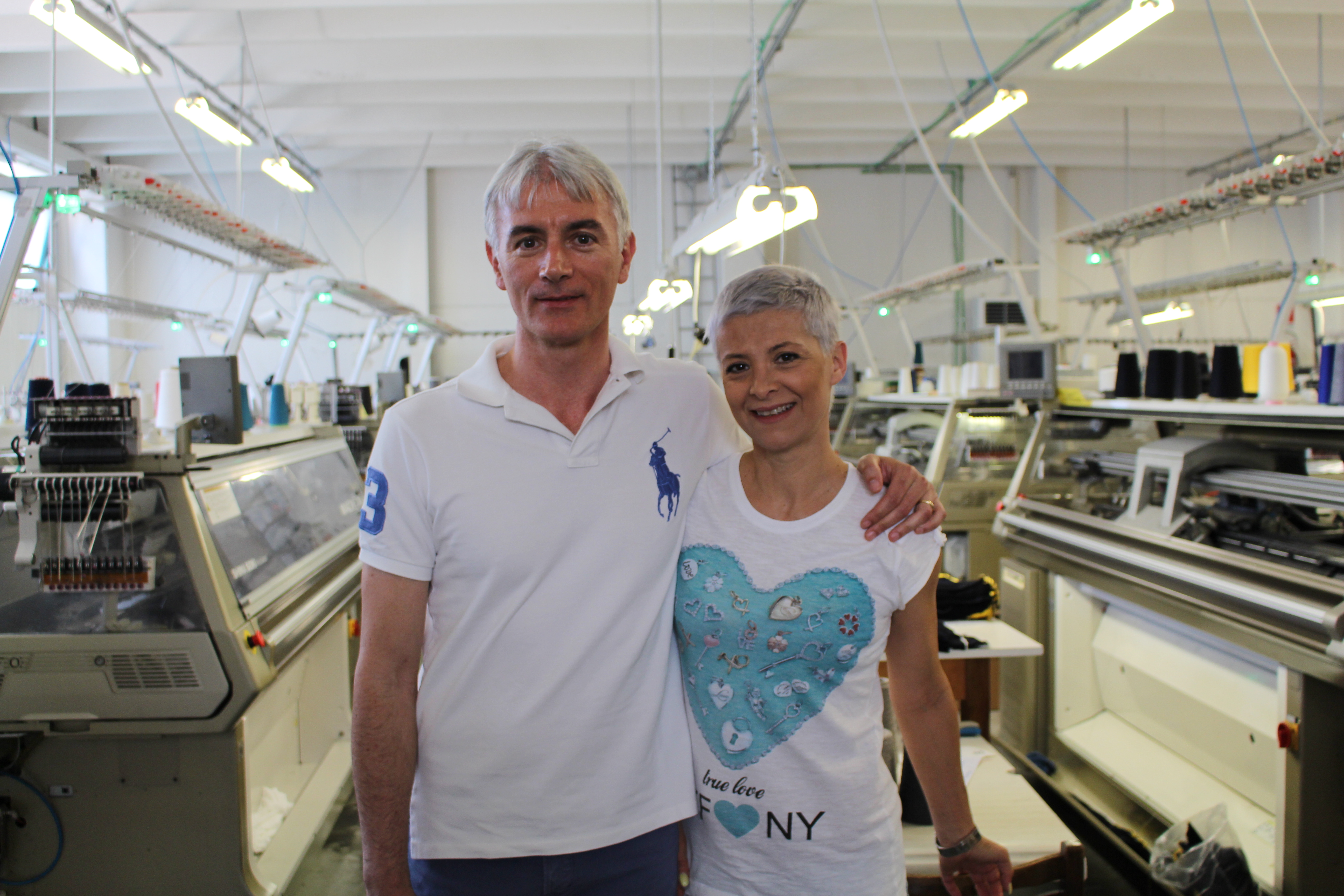 Sergio Storani with wife Rosanna at New Esse Maglieria’s factory in Montefano. 