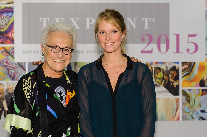 l-r Signora Rosita Missoni with Jessica Leclere, winner of 2 prizes - the Texprint Fashion Award and The Woolmark Company Award. © Texprint 