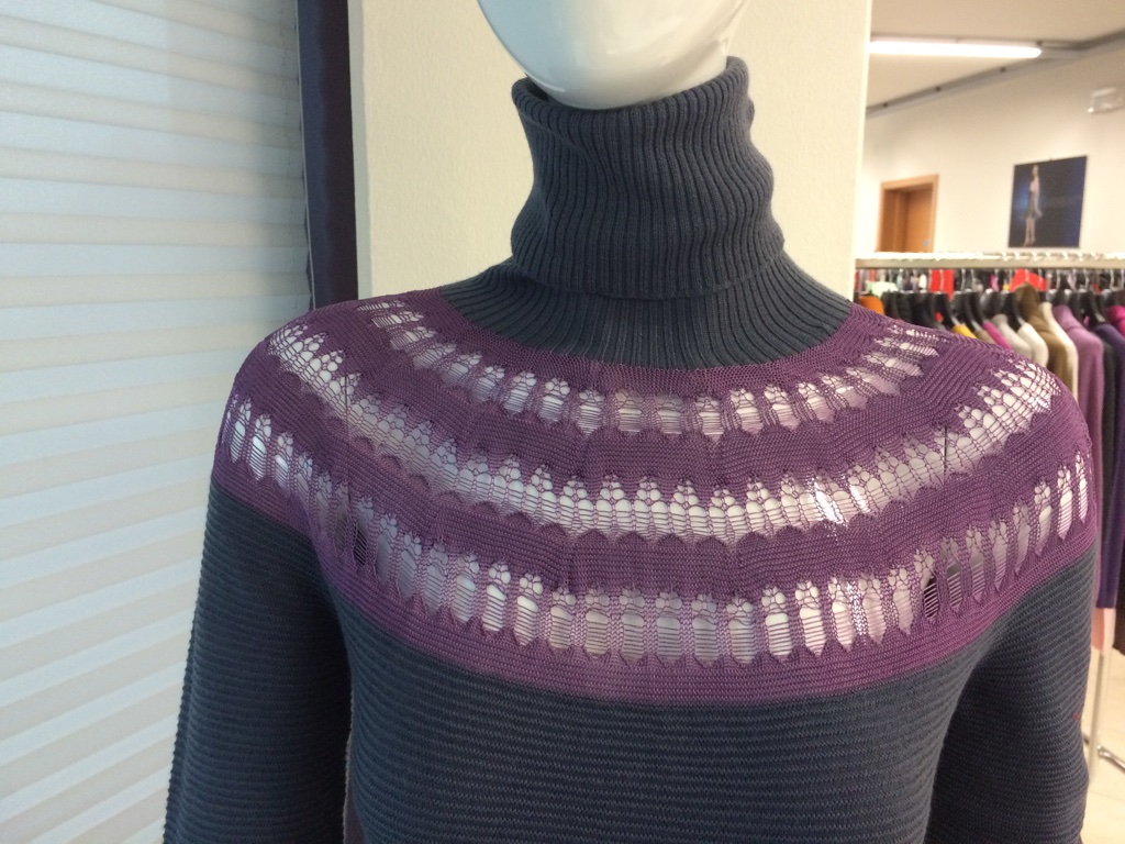Sweater which takes pride of place on a mannequin in the company’s showroom is a yoked WHOLEGARMENT style developed a few years ago for the venerated Armani brand.