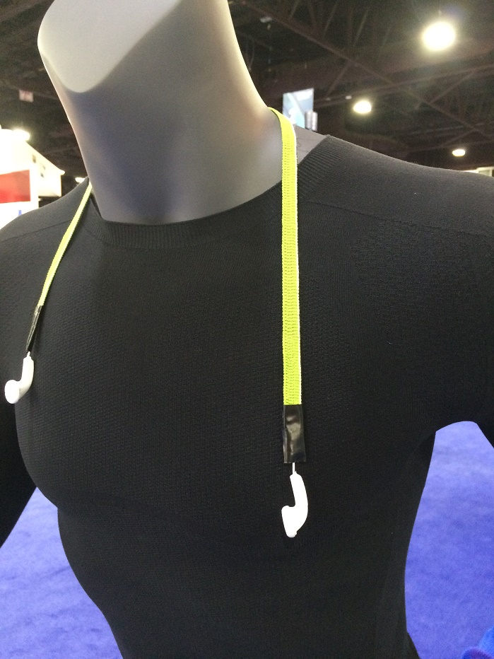 Shima Seiki base layer with separate smartphone ear phones in flat knitted fabric incorporating cable, knitted on SWGXS in 15 gauge.