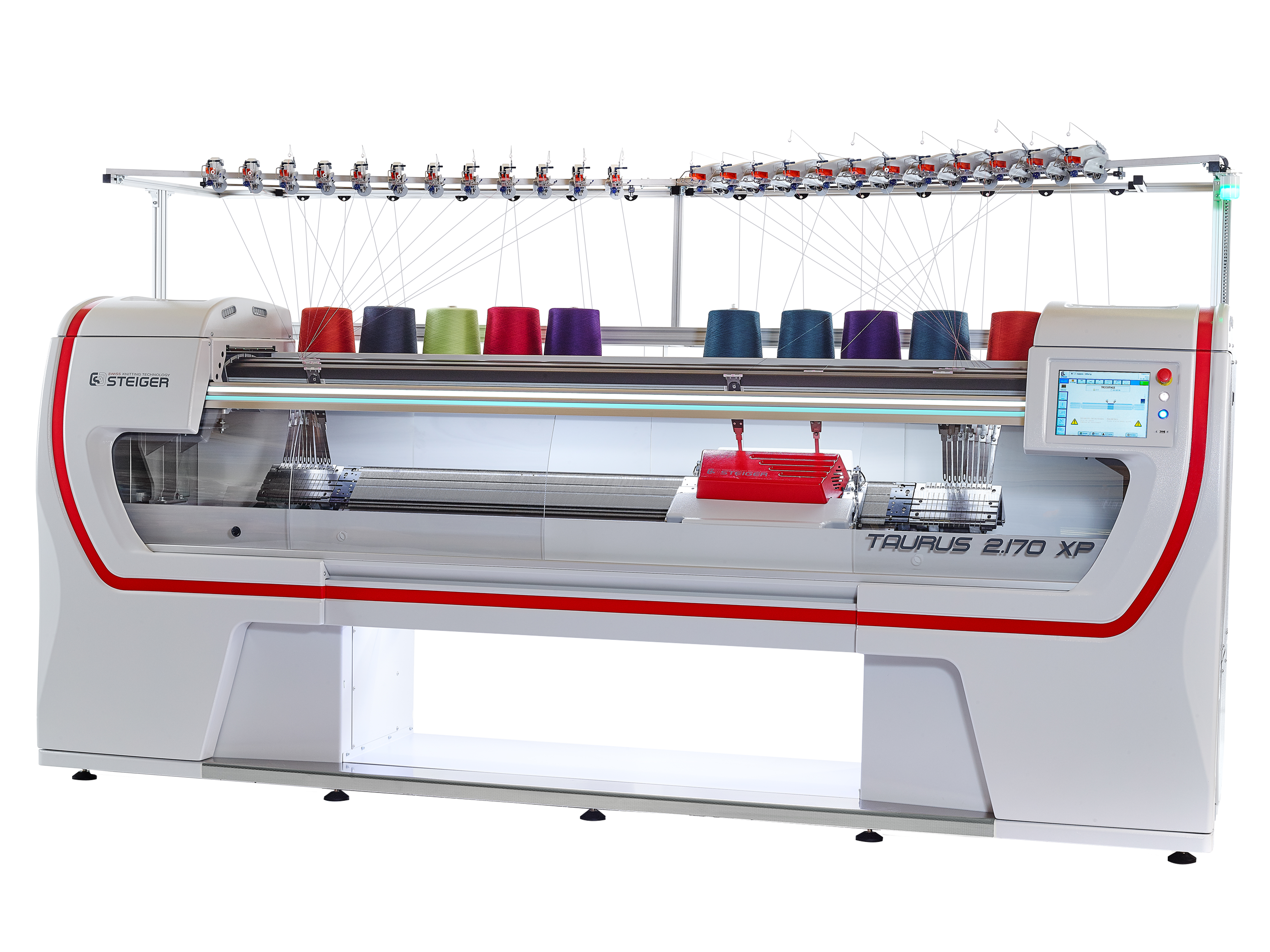 The Taurus 2.170 XP machine contains two innovations patented by Steiger: the compound needle and the storage punch. This unique construction allows complete garment knitting with intarsia, multilayer knitting, and complex weft knitting