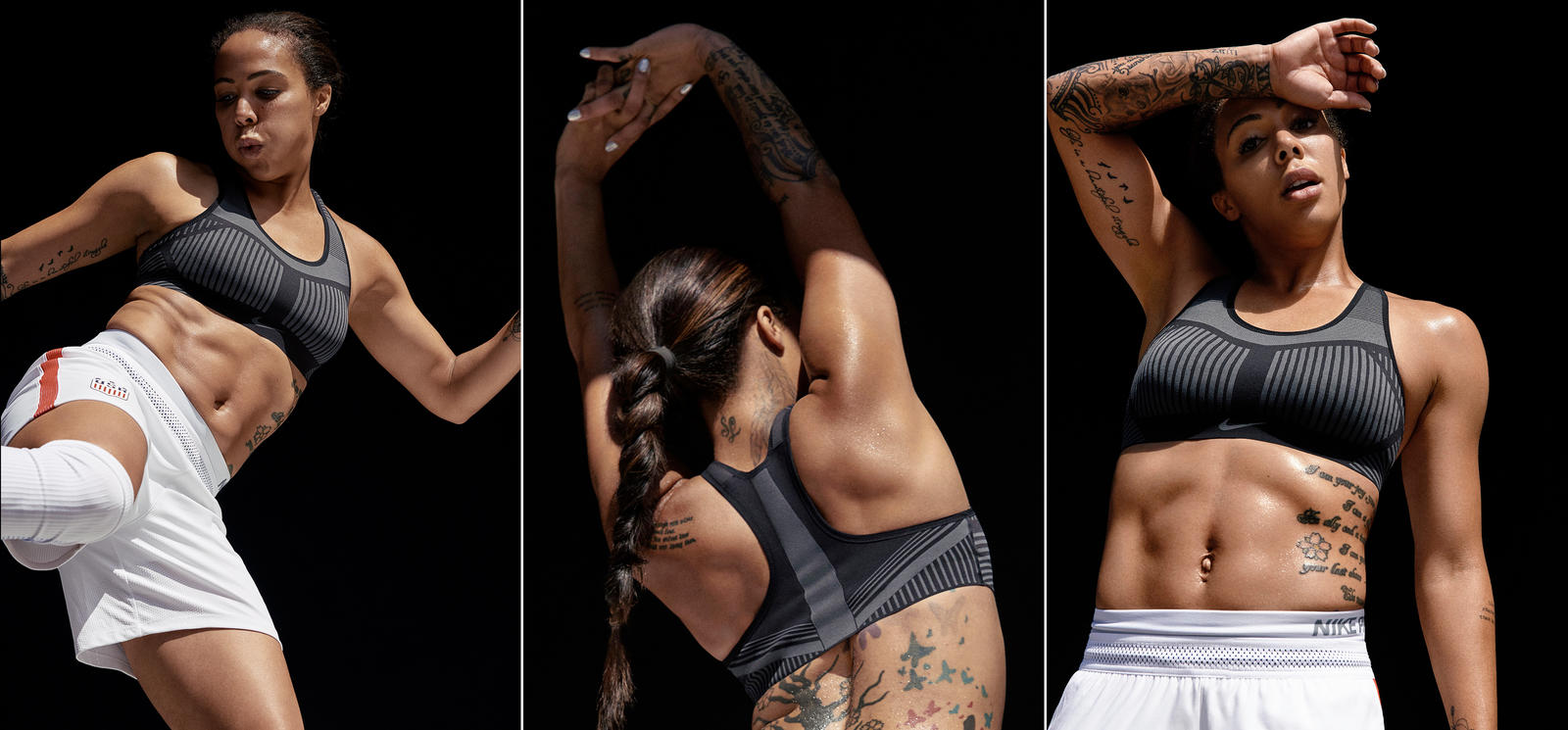 Soccer player and Olympic gold medalist Sydney Leroux works out in the Nike FE/NOM Flyknit Bra that combines high-support performance with unmatched comfort. © Nike 