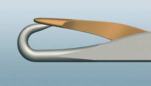 Side view of needle head: conical hook