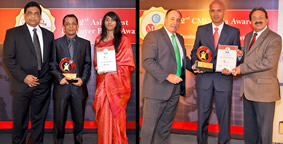 Left: Brandix Group CPO, Ishan Dantanarayana with Asia's Best Employer Brand award flanked by Sujith Jayasekara and Ashanthi Fernando of Brandix. Right: Anuk De Silva, Manager - Corporate Communications of Brandix receiving Asia's Best Brand award from Donovan Neale-May, Executive Director - CMO Council and Alok Bharadwaj, Chairman - World Brand Congress.