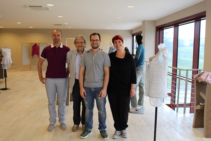 From left to right, Andrea Pasquini, Sergio Perini of Ve.Ma.Tex (Shima Seiki agent), Luca Pasquini and Francesca Pasquini in La Trama’s showroom.