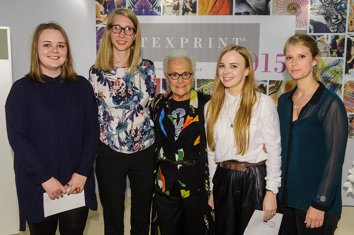 Winners of the Texprint 2015 Awards with (centre) Signora Rosita Missoni. l-r Emma McCluskey, Anja Alexandersdottir, Missoni, Joanna Robins and Jessica Leclere. © Texprint 