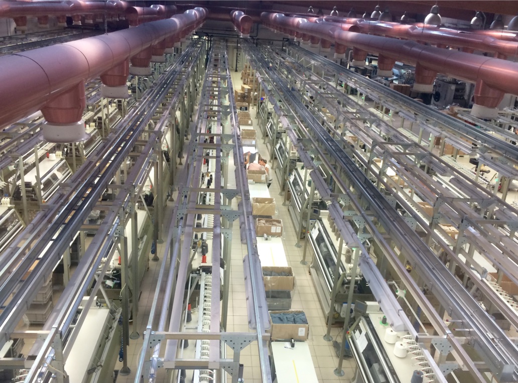 Dramatic view of Shima Seiki’s MACH2X WHOLEGARMENT knitting machines at work in the New Twins factory. As the ‘MACH’ name suggests, speed and productivity are dramatic.