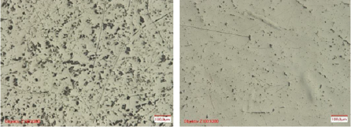 Under the microscope, the significant differences become clearly visible. On the left side the structured surface of the “nanos”. Contrary to this, the right side shows the surface of the standard sinkers with their mirror-like sleekness. The tests were carried out by the ”žFraunhofer Institut für Schicht- und OberflÃ¤chentechnik“  in Braunschweig. Scale in each picture, bottom right of image: 100.00 Âµm ”“ lens used: Z100xX300. © Fraunhofer Institut, Braunschweig
