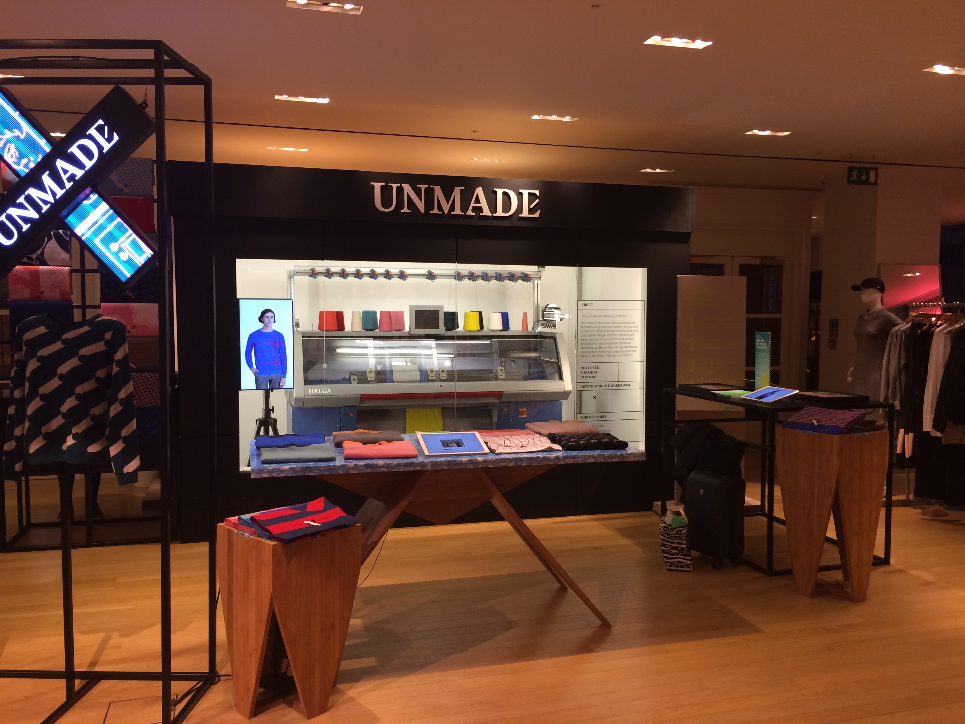 Unmade shop with Stoll knitting machine in Selfridges Oxford Street store. 