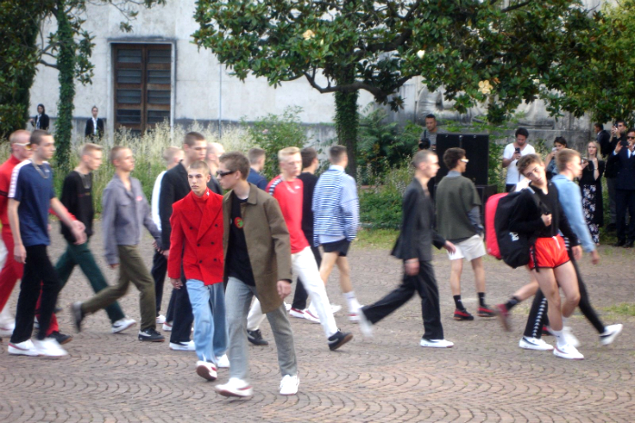 Gosha Rubchinskiy’s crowds of young men modelled an egalitarian style of fashion at the abandoned tobacco factory. © Janet Prescott 