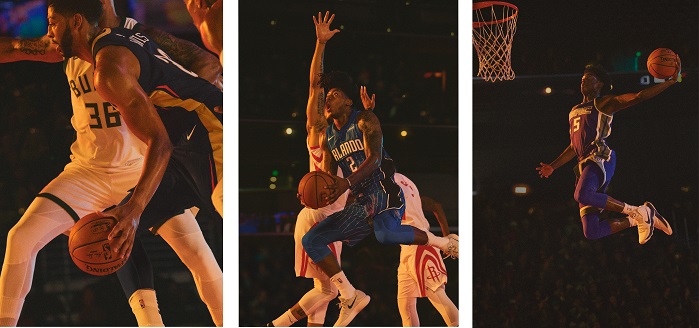 From left: Anthony Davis, of the New Orleans Pelicans, Elfred Payton, of the Orlando Magic, and De'Aaron Fox, of the Sacramento Kings, in the new Nike NBA NikeGrip socks. © Nike