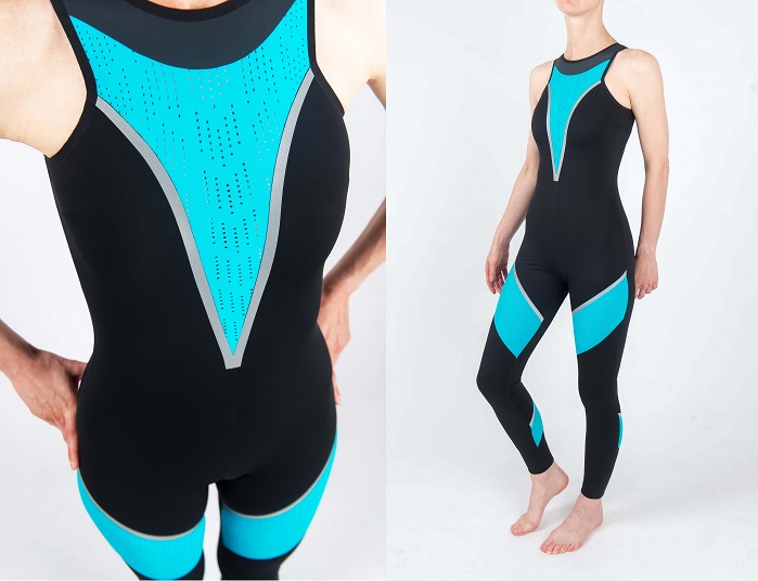 Bodysuit made in Sensitive Sculpt fabric is presented with perforated fabric inserts and Dream Reflective Silver tape. © Eurojersey 