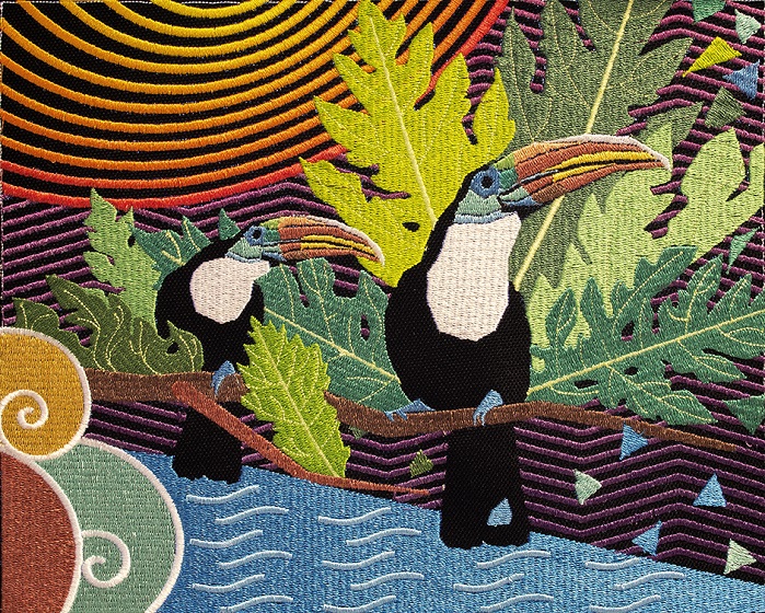Embroidery ”“ this samples demonstrates the unique capability of the company’s gradient dyeing along with the spot colours. This was done with one thread that was dyed based on the embroidery file, one spool multi-colour. © Twine Solutions