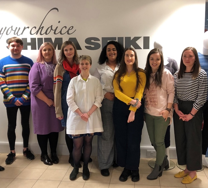 From left to right: competition finalists Liam Seacombe, Huddersfield, Chelsea Bodell, Huddersfield, Cara Fowles, Herriot Watt, Nikki James, RCA, Lauren Brooks, Nottingham Trent, Emma Guthrie, Nottingham Trent, Klaudia Holubecka, Nottingham Trent, and Rachel Graham, Brighton. © Shima Seiki