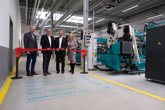Oliver Mathews, the Vice President Sales and Marketing of the Warp Knitting Business Unit, Arno GÃ¤rtner, the CEO, Dr. Helmut Pressl, the CFO, and Christine Wolters, the Head of Corporate Communications at Karl Mayer, at the handover of the new premises to the Karl Mayer Academy on 30 April 2019 at the start of the training programme in May. © Karl Mayer