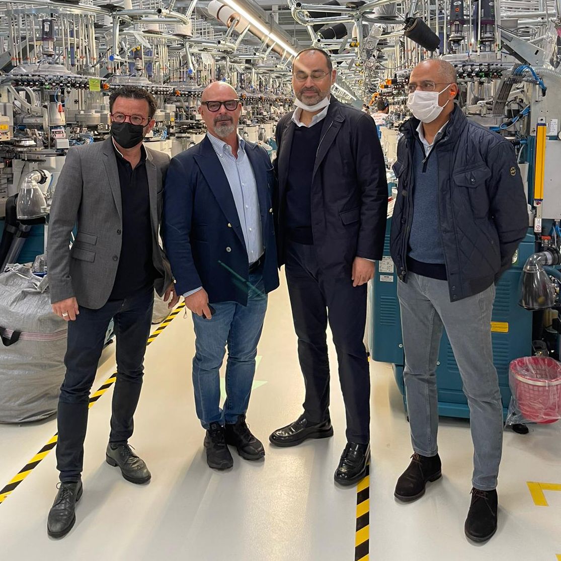 From the left Grasso (Socks Leader Decathlon), Francesco Lonati (CEO Lonati spa), Murat (owner Alpin Socks ) and Nabil (Decathlon production manager). © Lonati Group