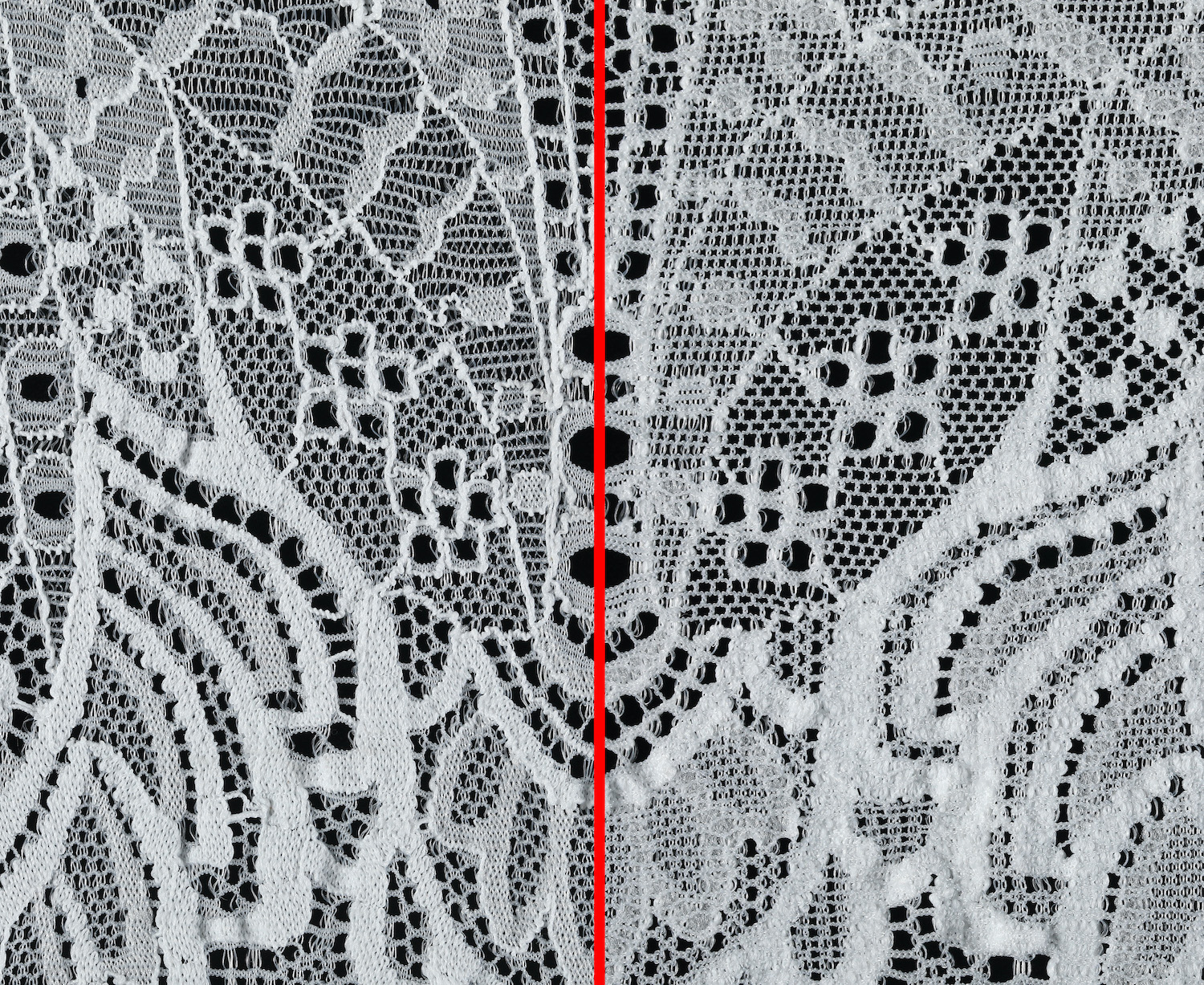 Pattern with conventional jacquard ground structure worked (on the left) and as Symm-Net design (on the right). © Karl Mayer