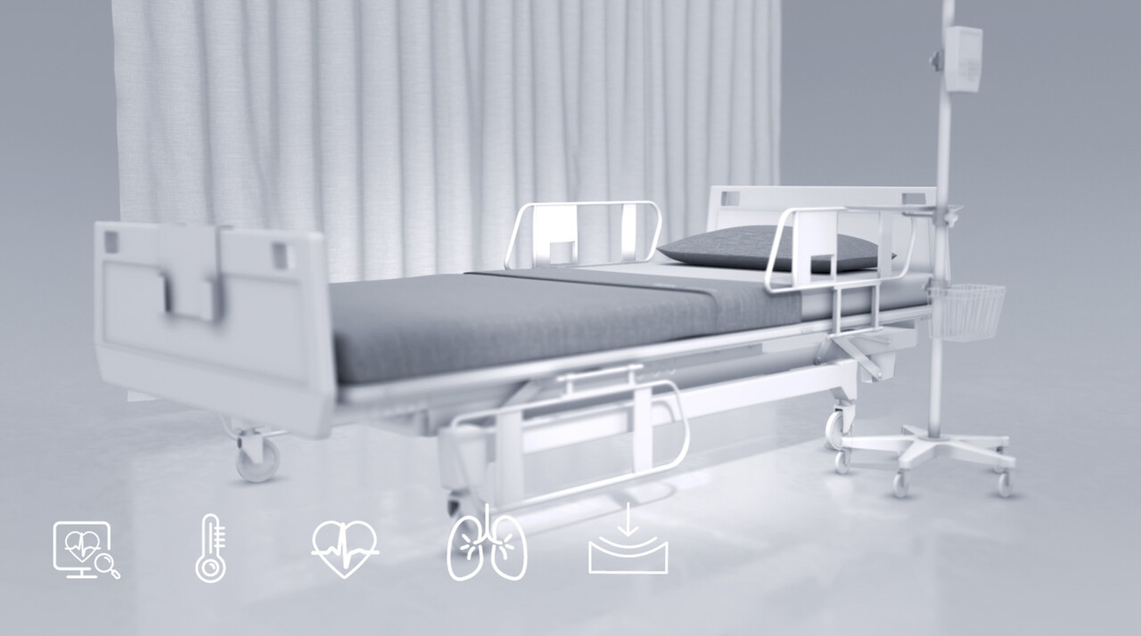 Smart connected hospital bed with textile embedded pressure sensing, temperature sensing, biometrics monitoring, electroosmotic moisture transport and remote patient monitoring. © Myant