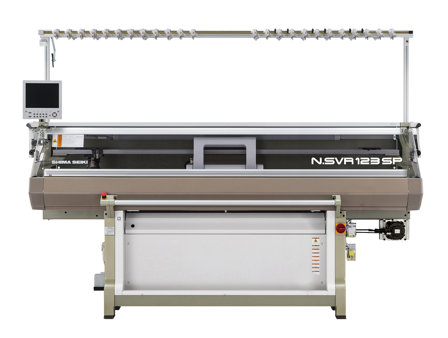 The N.SVR 123SP computerized knitting machine features a special loop presser bed, capable of producing hybrid inlay fabrics with both knit and weave characteristics. © Shima Seiki