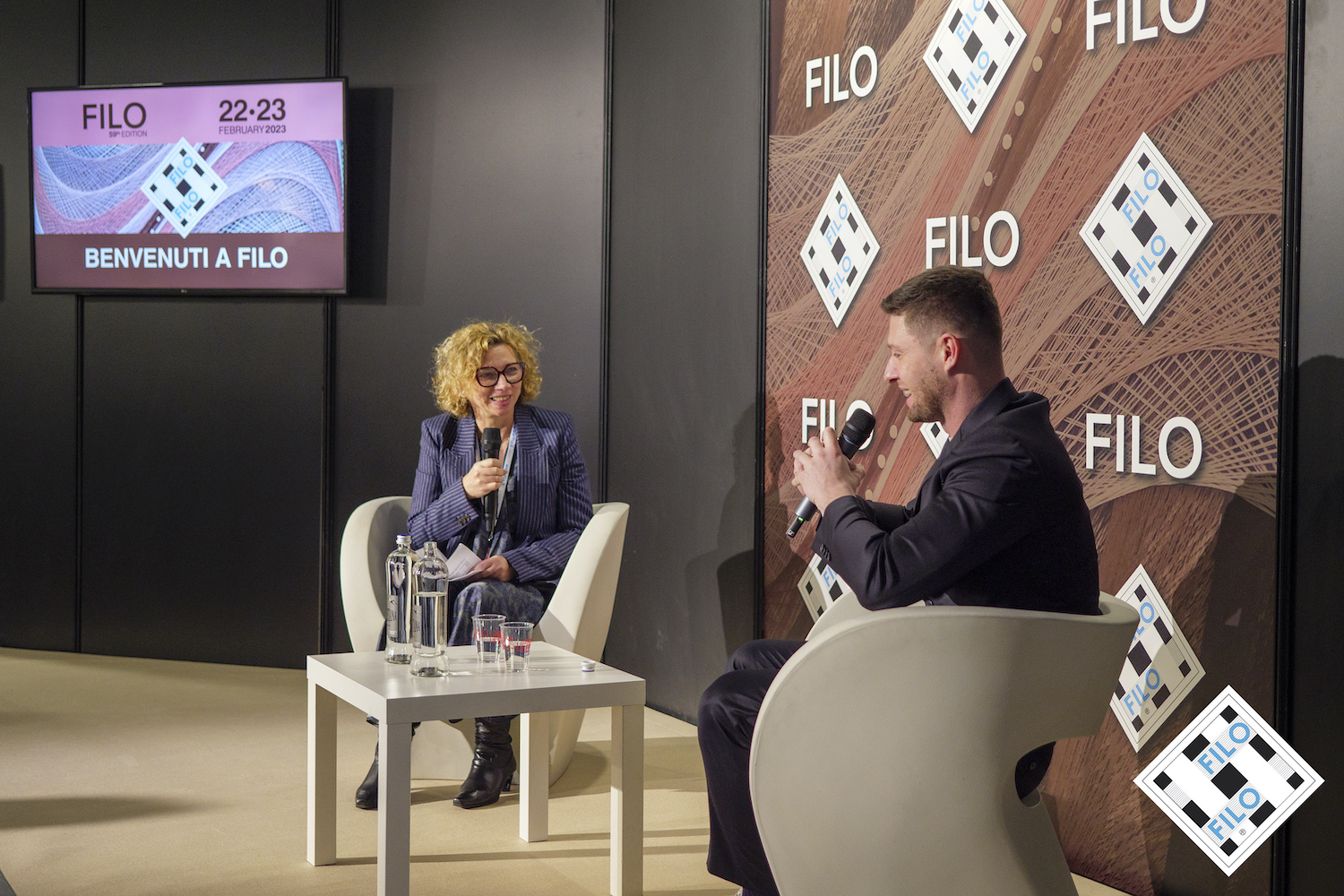 Giusy Bettoni, CEO and founder of eco hub C.L.A.S.S, talks sustainability and traceability with Fulgar’s Alan Garosi. © Filo